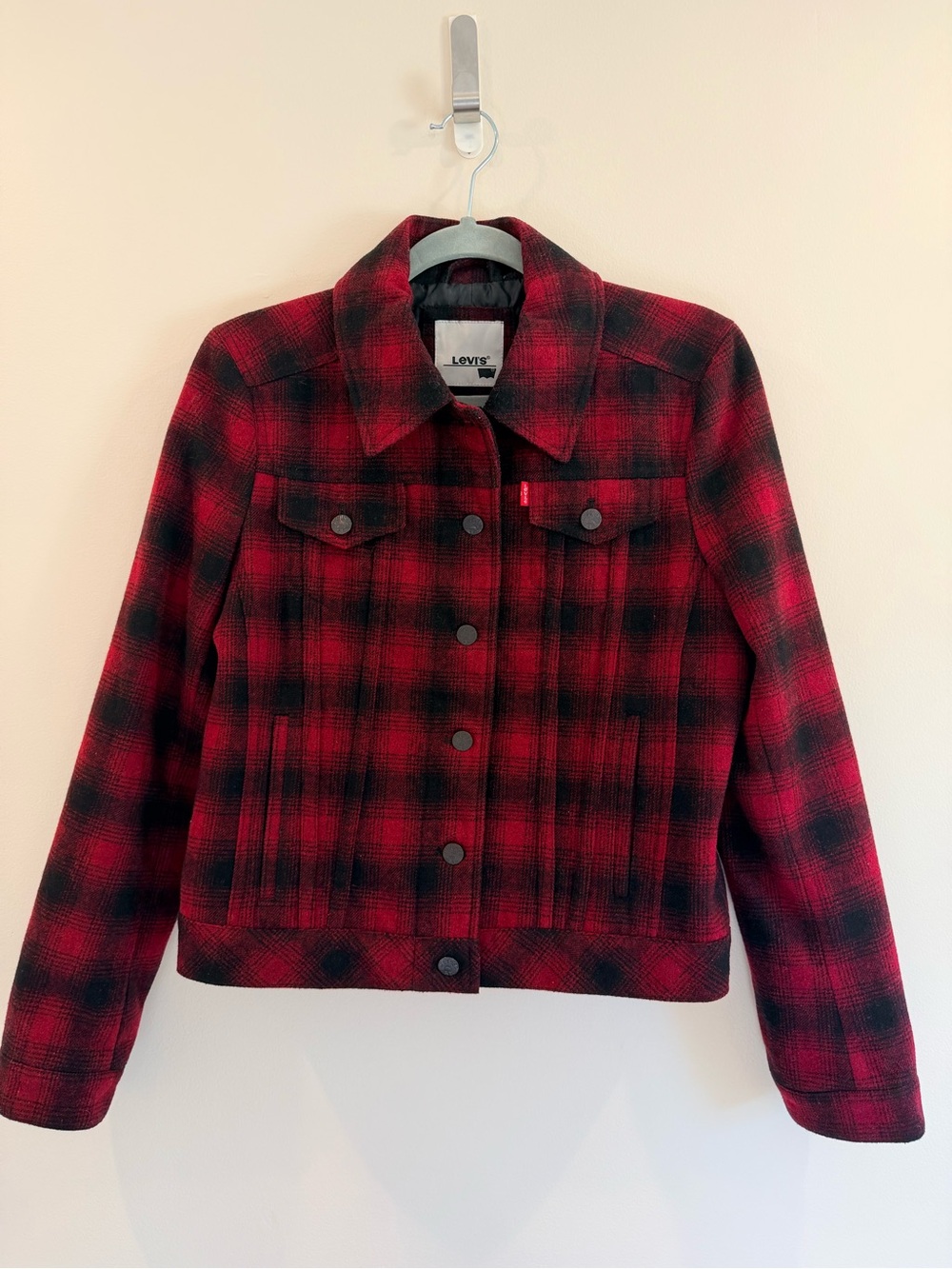 Levis Wool Blend Trucker Jacket Red Black Buffalo Plaid Womens Medium Lined
